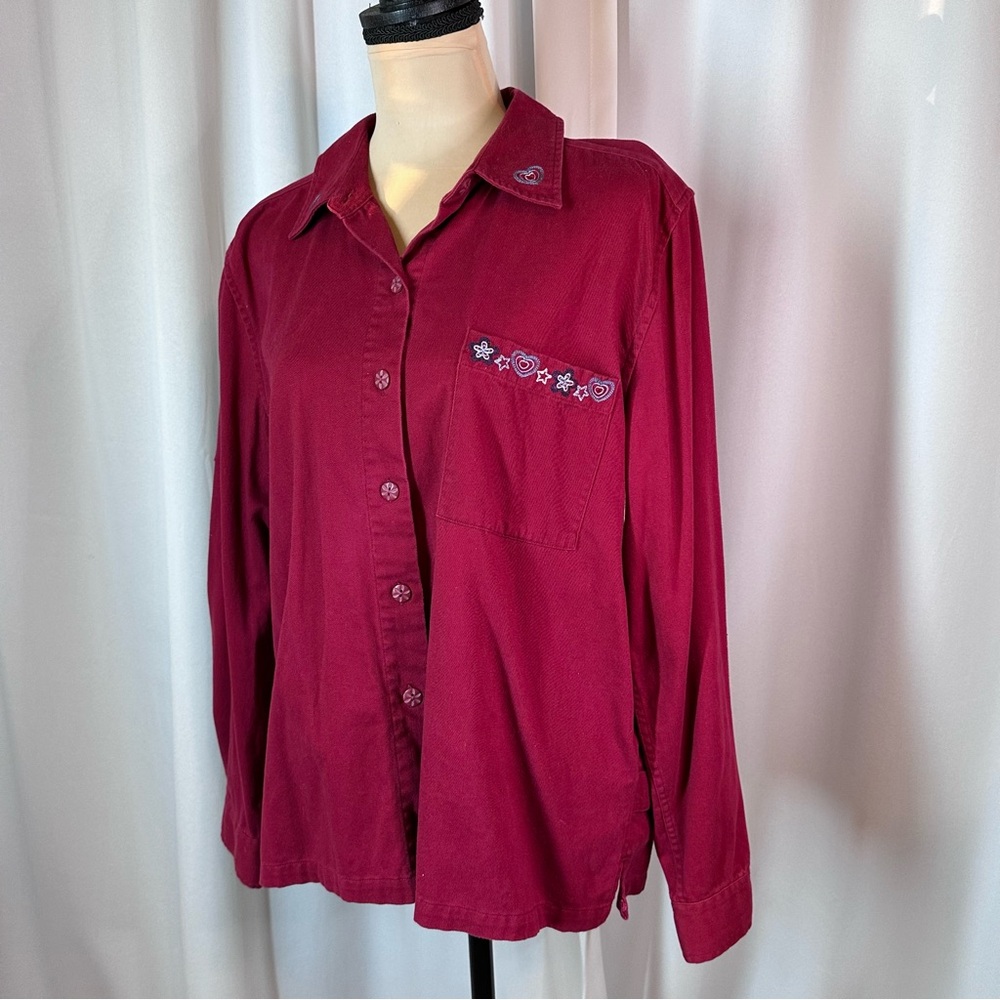Christopher & Banks Embroidered Hearts Button Down Shirt Sz L Teacher Artsy EUC‎